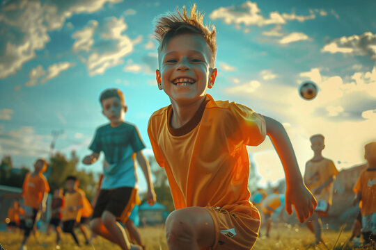 Exuberant boy in orange soccer jersey playing with friends on the field. Dynamic action under sunny sky. Children's team sports and fun concept. Design for youth soccer camp, outdoor activity poster.