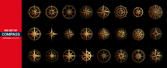 Golden wind rose golden compasses. Golden vintage compass icon. - obrazy, fototapety, plakaty