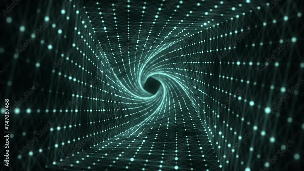 Fototapete Abstract 3d twisted portal. Square tunnel or wormhole. Digital background with connected green dots. 3d rendering.