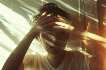Migraine in a Bright Room - Someone covering their eyes and cringing as sunlight streams in, exacerbating their migraine headache.  - obrazy, fototapety, plakaty