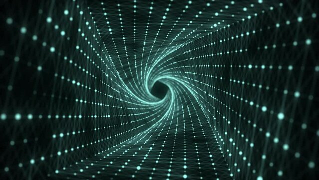 Abstract 3d twisted portal. Square tunnel or wormhole. Digital background with connected green dots. 3d rendering.