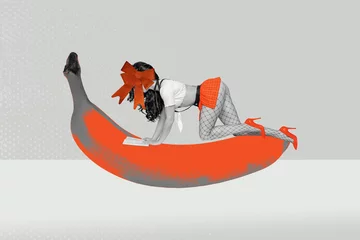 Creative poster collage of crawling sexy woman banana gift erotic seductive girl promo concept weird freak bizarre unusual © deagreez