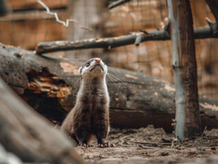 A curious ferret stands on hind legs, attentively exploring its sandy environment.