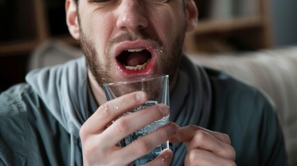 Sore Throat Discomfort - Someone grimacing as they swallow, feeling the scratchy pain of a sore throat, with a glass of water in hand.  - obrazy, fototapety, plakaty