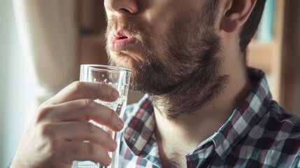 Sore Throat Discomfort - Someone grimacing as they swallow, feeling the scratchy pain of a sore throat, with a glass of water in hand.  - obrazy, fototapety, plakaty