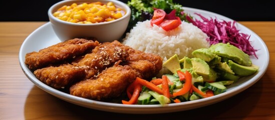 A plate filled with a variety of delicious and nutritious foods, including white rice, seasoned tempeh, corn fritters, fried tofu, seasoned chicken, and a small fresh salad.