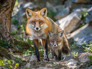 A fox mother and her cub venture out, exploring their woodland surroundings with caution.