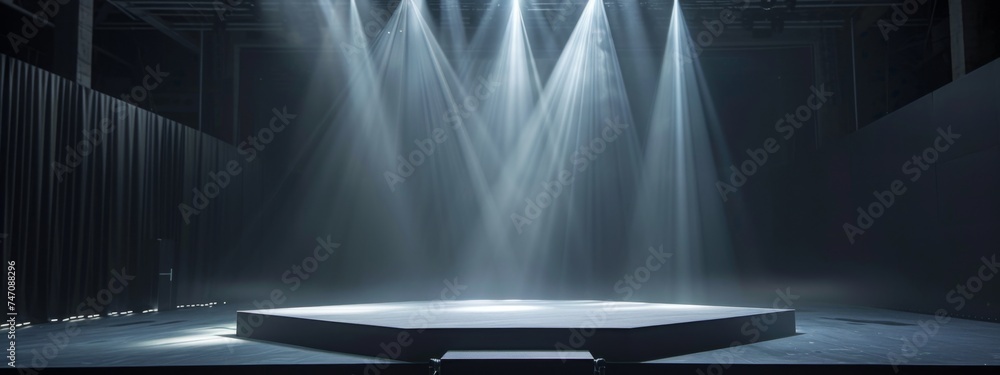 Poster a dark and empty stage illuminated by a single spotlight. the background is black and the lighting d
