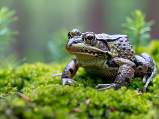 Fototapeta premium Close-up of a frog with glistening eyes on a bed of grass.