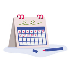 Tracking daily habits concept. Desk calendar with crosses drawn to mark off days. Modern flat vector graphic illustration.
