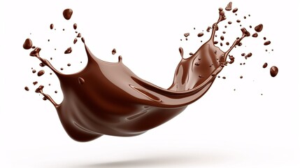 The enticing, rich and creamy liquid chocolate wave captures indulgence in a delectable treat, isolated in 3D with a brown splashing jet and droplets suspended in mid-air.