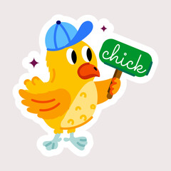 Well-designed flat sticker showing a cute chick holding placard 