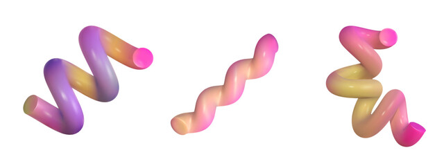 3d swirl spiral liquid rainbow color. Set different round spiral 3d vector render. Colorful gradient vibrant shape