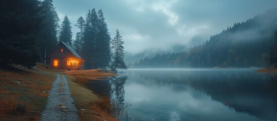 Foggy summer sunrise in lake