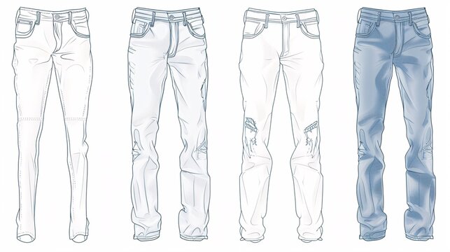 Illustration of a pair of traditional Jodhpur jeans in a technical style, featuring a regular low waist, high rise, belt loops, and full length