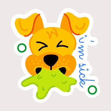 A flat sticker depicting sick dog vomiting 