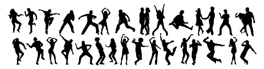 Dancing people black silhouettes. Teenagers, Young girl and boy, couple, men, women dancing street dance, hip hop, classic, latina dance at party or night club. Outline vector drawing isolated. - obrazy, fototapety, plakaty