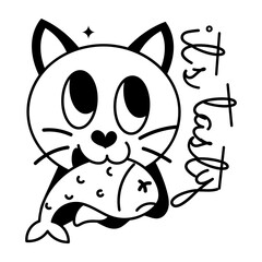 Cat eating fish, glyph style sticker 