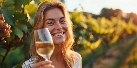 A cheerful lady with pearly whites savoring a glass of white vino on a vineyard tour in Italy or France during the summer. Toasting and leaving room for text. - obrazy, fototapety, plakaty
