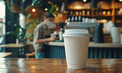 Fototapeta na wymiar White paper coffee cup mockup at coffee shop