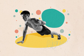 Composite image collage 3d sketch artwork of young guy athlete pump muscles do pushups one hand...