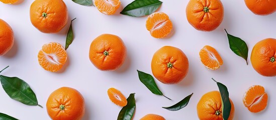 Obraz premium Several ripe oranges with green leaves are arranged neatly on a white surface.