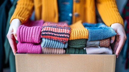 Careful young woman neatly folding casual clothes into paper box for organization