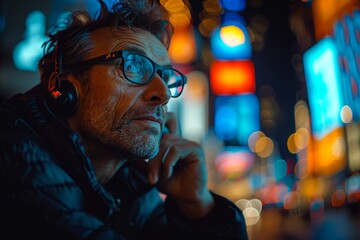 Handsome mature man listening to music in the city at night