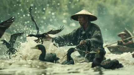 Abwaschbare Fototapete Guilin Bring to life the vibrant spirit of the fishermen community in China. a local fisherman as he deftly guides his flock of waterfowl. the connection between man and bird.