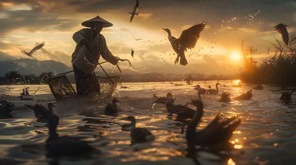 Wall murals Guilin Bring to life the vibrant spirit of the fishermen community in China. a local fisherman as he deftly guides his flock of waterfowl. the connection between man and bird.