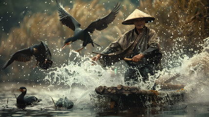 Bring to life the vibrant spirit of the fishermen community in China. a local fisherman as he deftly guides his flock of waterfowl. the connection between man and bird. - obrazy, fototapety, plakaty