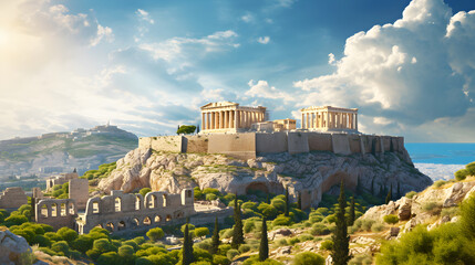 Naklejka premium Magical Golden Hour at the Historic Acropolis of Athens Overlooking the City