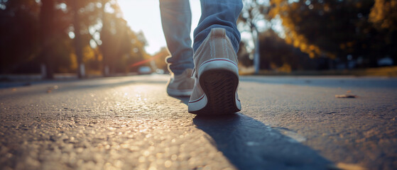 Legs and feet of a young man walking on the asphalt of a street. Bright afternoon sunshine. Ground level viewpoint. - 747090285