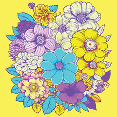 Colorful pretty disco retro vibes botanical flower bunch,vintage motif for floral print digital background. Generative AI
