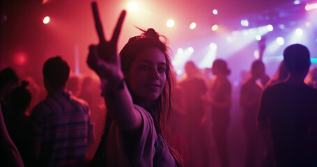 A young white woman in the crowd of a night club showing a peace sign with her raised hand. Many people and red lights around. - 747090838