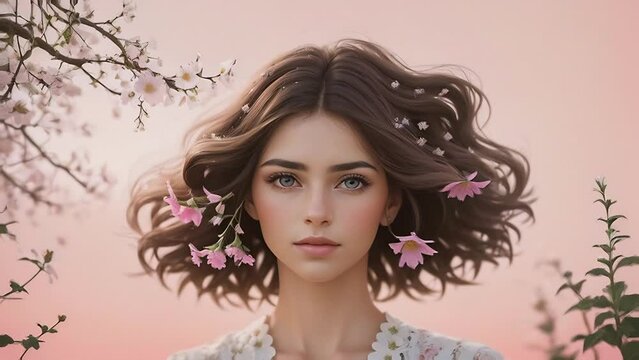 Portrait of young beautiful woman with natural makeup and pink flowers against a light pink background