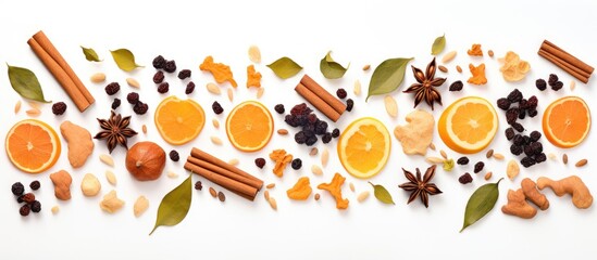 An arrangement of vibrant orange slices, fragrant cinnamons, star anise, star anise seeds, and various spices on a clean white background.