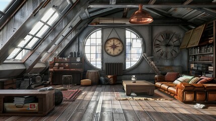 3D rendering of an industrial-style loft living room in the attic.