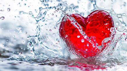 Heart falling gracefully onto the water's surface, causing ripples and splashes against a pure white background