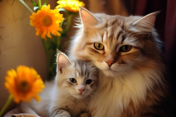 A fluffy mother cat and her cute little kitten