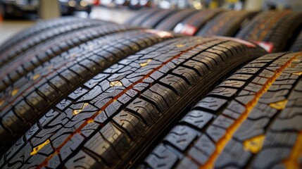 Fototapeta premium Summer car tires on street with copy space for text, vehicle maintenance and safety concept