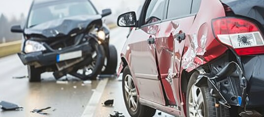 Two cars damaged in head on collision on street, car crash scene with wrecked vehicles after impact