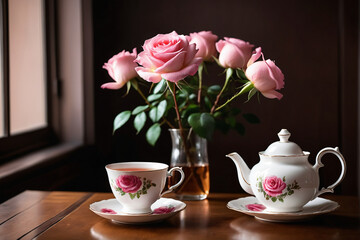 A tall blooming pink rose, Wooden table, tea cup, teapot, there are flowers in full bloom