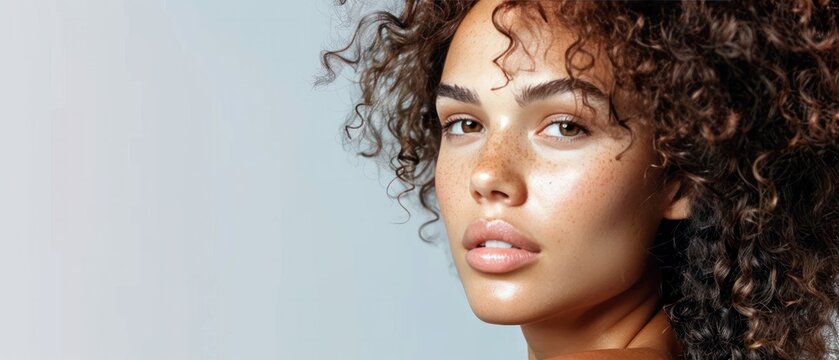 girl model with shiny smooth healthy curly hair and glowing tan natural beauty skin, for cosmetics and hair care products