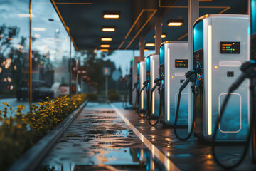 Hydrogen gas station at night. Green and clean mobility concept.