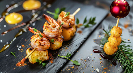 Delicious appetizer of grilled shrimp with potatoes. on black wooden table.