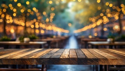 empty wooden table, image of wooden table in front of abstract blurred background of resturant lights, Ai Generate  - obrazy, fototapety, plakaty
