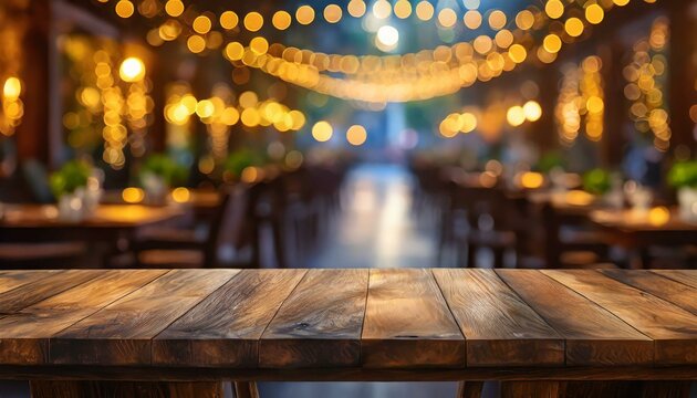 image of wooden table in front of abstract blurred background of resturant lights, Ai Generate 