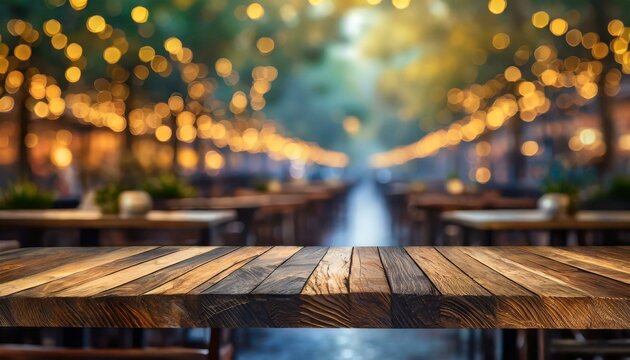empty wooden table, image of wooden table in front of abstract blurred background of resturant lights, Ai Generate 