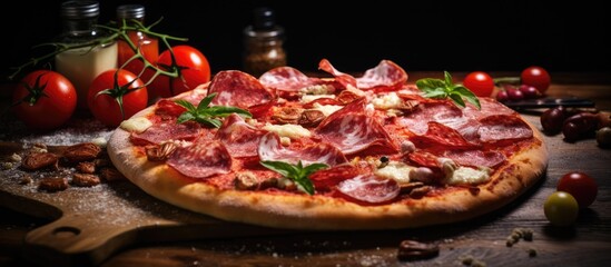 A freshly prepared salami pizza sits atop a rustic wooden cutting board, ready to be devoured. The pizza is adorned with savory toppings, showcasing a delectable feast in a box.